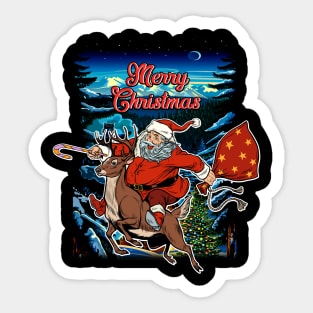 Santa Claus Riding Reindeer Merry Christmas Funny Sticker